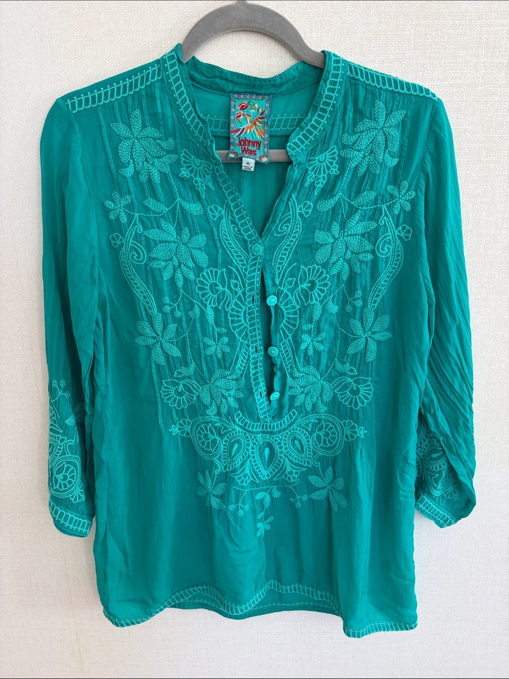 Johnny Was Teal Floral Embroidered V-Neck Tunic